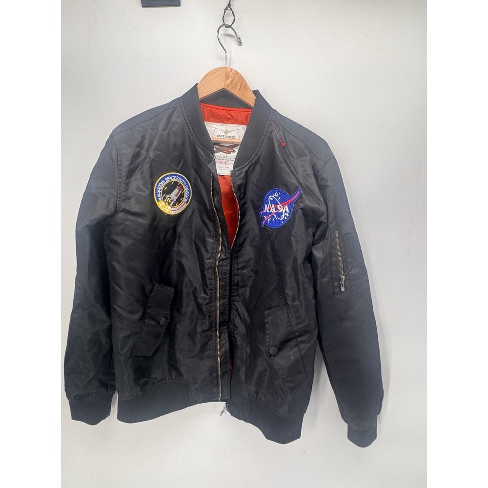 Asstseries Militare Bomber Jacket NASA 100th Space Mission Patch Sz Medium Black